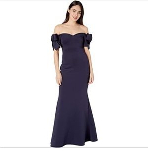 Badgley Mischka Bow Sleeve Off Shoulder Gown Womens 14 Navy Blue NEW NWT